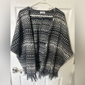 Pesce Italy Cashmere black white geometric open-front cardigan sweater fringe OS